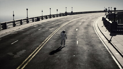 In a surreal landscape, an astronaut walks down a deserted road, flanked by dim streetlights. The scene unfolds in a quiet, dreamlike setting, evoking a sense of solitude and adventure. © icetray