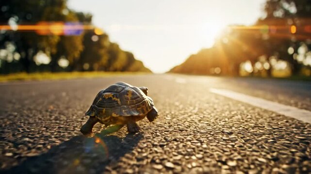 Turtle walking on empty road during golden hour with warm sunlight and lens flare