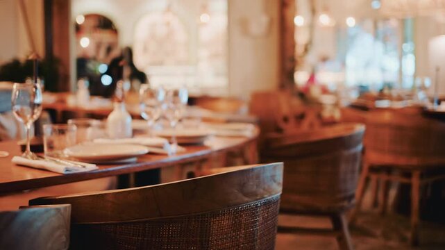 Cinematic shot of a cozy restaurant interior with warm lighting, wooden furniture, wine glasses and a refined table setup