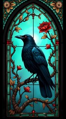 Fototapeta premium Stained glass window featuring colorful birds perched among branches and flowers
