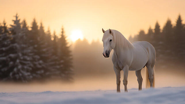A pristine white horse stands gracefully in a snow-covered field at dawn, enveloped in the warm glow of the rising sun. The majestic animal exudes serenity. Winter wonder. - Powered by Adobe