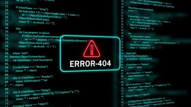 Red Exclamation Mark Warning Symbol error-404  Neon Sign on cyan Digital Code Background with Glitch Effect