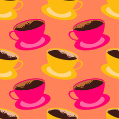 Lovely seamless coffee-themed pattern featuring colorful cups with plates full of coffee on an orange background. Ideal for cafe branding, textiles, wrapping papers, and coffee-inspired designs.