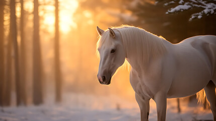 A pristine white horse stands gracefully amidst a snowy forest, illuminated by the warm glow of sunlight, creating a serene and majestic scene, a winter fairytale.