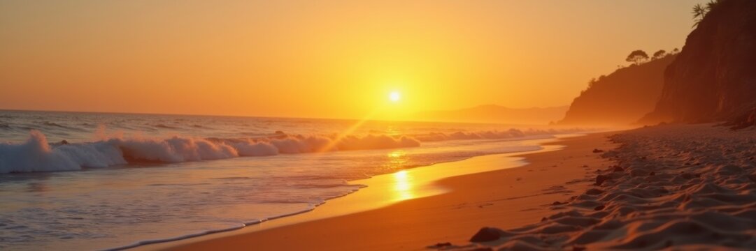Golden sunset over a tranquil beach, with gentle waves lapping against the shore and cliffs in the background.