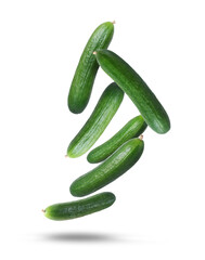 Ripe cucumbers in the air isolated on a white background