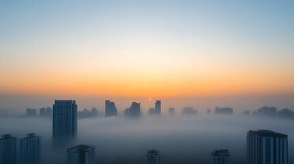 Skyline shrouded in mist at dawn, with buildings peeking through the fog under a gradient sky. An urban landscape captures the serene yet mysterious allure of the city.