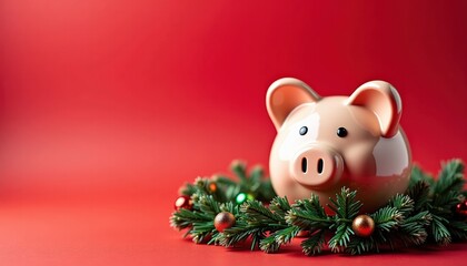 Piggy bank surrounded by festive green pine branches and colorful ornaments on a vibrant red background, symbolizing savings and holiday cheer