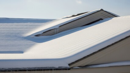 Snow covered modern rooftop with skylights on a clear day