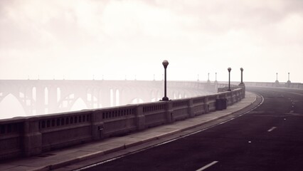 In the early hours, a quiet road bends alongside a majestic bridge, enveloped in a soft mist. Street lamps line the way, creating an ethereal ambiance for morning explorers.