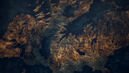 Captivating aerial perspective showcasing rocky mountain landscapes highlighted by enchanting light patterns, revealing the intricate details of natures architecture in twilight.