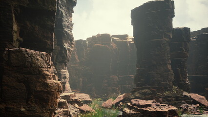 Venture into a remarkable landscape filled with towering rock formations under the soft light of dawn. Lush greenery peeks through the cracks, inviting exploration and wonder.