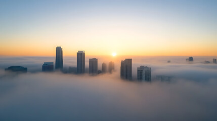 A cityscape emerges from the fog, illuminated by the rising sun. The golden light adds a serene ambiance to the urban landscape, creating a dreamy and ethereal view.