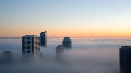 Skyline emerging from a sea of fog at dawn. Tall buildings pierce the misty veil, silhouetted against a soft gradient of orange and blue in the early morning light.