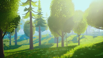Morning sunlight filters through the tall trees, creating a magical atmosphere in the serene forest. The vibrant greenery and gentle shadows invite exploration and tranquility.