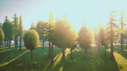 Sunlight streams through the canopy of vibrant green trees, casting playful shadows on the forest floor during the calming moments of golden hour. Natures beauty is on full display.