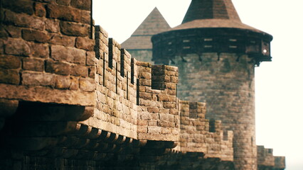 Ancient stone walls of a castle stand tall against a soft morning sky, surrounded by turrets. The weathered stones tell stories of a rich history, inviting exploration and wonder. © icetray