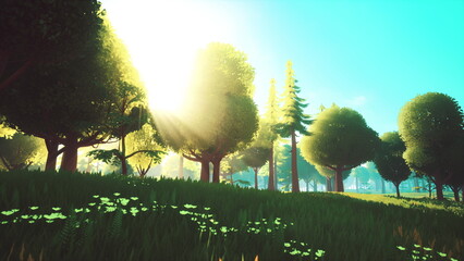Sunlight dances through the vibrant green foliage of a serene forest. The scenery is alive with gentle breezes and the warmth of a beautiful day, inviting exploration and peace.
