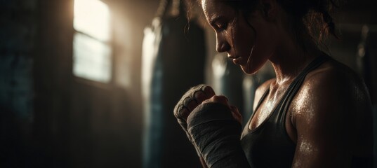 Focused Female Boxer Wrapping Hands in Vintage Gym Lighting