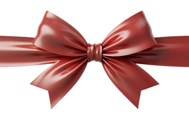 Elegant red satin ribbon bow 3d render, glossy metallic silk gift knot isolated on white, luxury holiday present decoration for christmas, valentine, birthday, banner, packaging, celebration design.