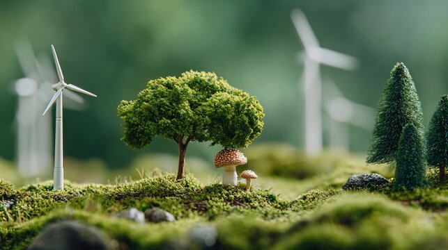Miniature landscape featuring wind turbines, trees, moss, and mushrooms with a blurred background