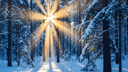 Sunlight shining through snowy forest trees in winter  