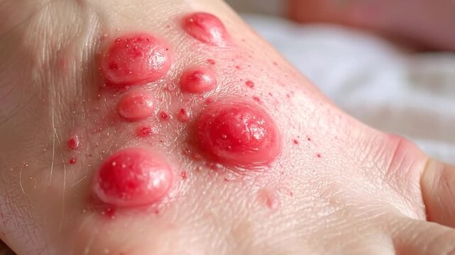 Close-up of blistering rash on a foot, indicative of a skin reaction or medical condition
