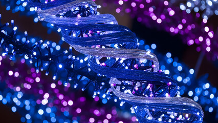 Glowing DNA model with blue and purple lights in dark background  