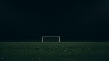 An empty football goal on a green field under a dark sky, inviting a sense of anticipation and focus. The goal stands solitary, emphasizing the challenge and potential of the game