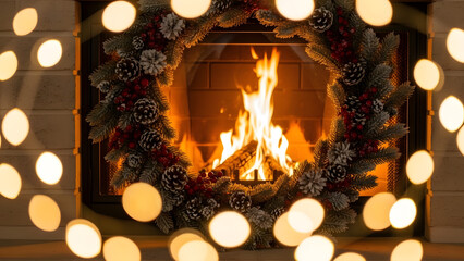Cozy fireplace with burning fire and festive wreath during winter