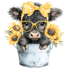 Cute baby calf sitting inside a bucket filled with bright sunflowers, charming rural scene with a warm, joyful farm and summer countryside atmosphere