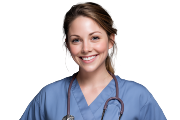 Smiling young female doctor in scrubs with stethoscope against gray background
