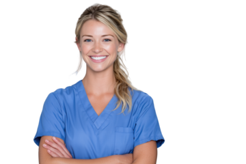 Smiling female nurse in blue scrubs with arms crossed on gray background