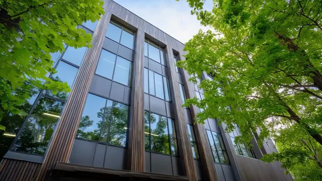 Sustainable building facade emphasizing natural light utilization and superior insulation to enhance resource savings and comfort.