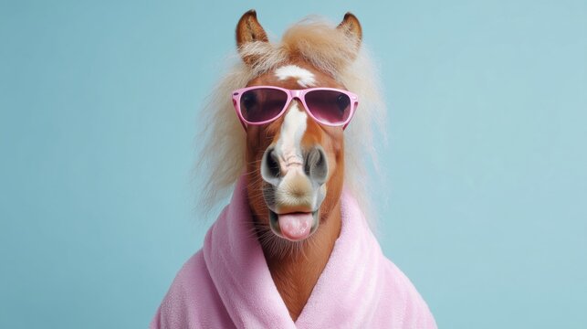 Playful horse in pink sunglasses and robe on light blue background.