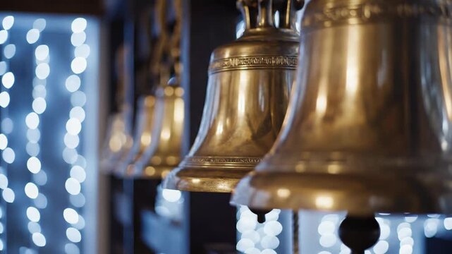 Row of ornate golden brass bells with blurred bokeh lights in the background