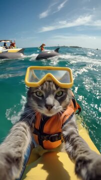 Un gato gris con chaleco salvavidas y gafas de buceo disfruta de una sesi&oacute;n de surf en aguas turquesas.