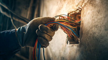 Craftsman holds electrical wires in a weathered wall. The skilled hands ensure safe and efficient connections. Highlighting the vital role of electricians, bringing power to life.