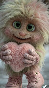 Un adorable ser peludo patinando sobre hielo y sosteniendo un coraz&oacute;n de peluche.