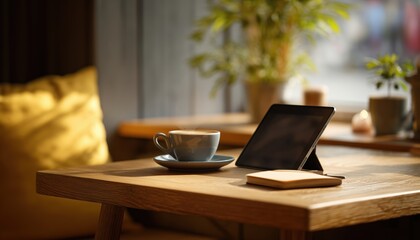 Tablet And Notebook Displayed On A Table In A Warm And Cozy Cafe Or Living Room - The Perfect Setting For Work Or Relaxation.