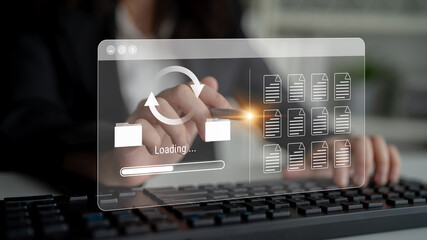 File synchronization or loading interface with progress bar, folders, and documents, symbolizing data backup, transfer, and system update Parse