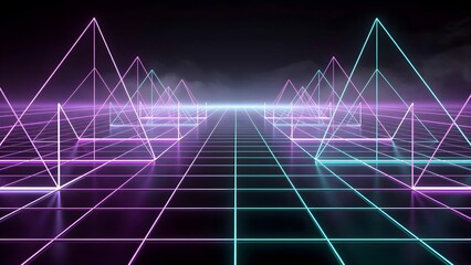 Neon Grid Landscape with Pink and Blue Glowing Peaks
Retro-Futuristic Wireframe Perspective in the Dark