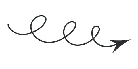 Hand drawn crayon movement black arrow. Grunge squiggly arrow. Pencil chalk lines sketch. Color brush scribble element. Doodle vector illustration.