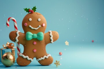 Naklejka premium Gingerbread man with candy cane and mug for Christmas holiday decoration