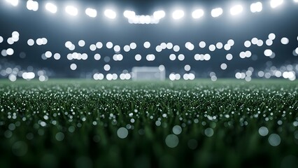 An empty football stadium bathed in bright light, waiting for the match to begin. The green grass is lush and inviting