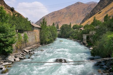View of Khumbov River from Ghani Bridge in Darvoz region of Tajikistan, Gorno Badakshan Region. Pamir Mountains
