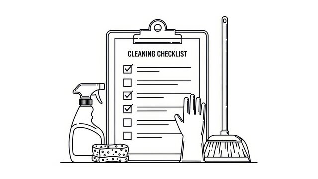 Minimalist cleaning checklist illustration showcasing hygiene task completion and equipment