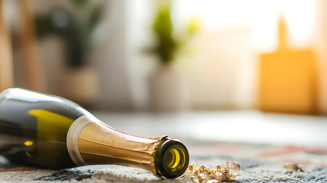 Celebration's aftermath: a champagne bottle rests on a carpet, remnants of the golden foil scattered nearby, hinting at a recent festivity in a warm, softly lit home setting.