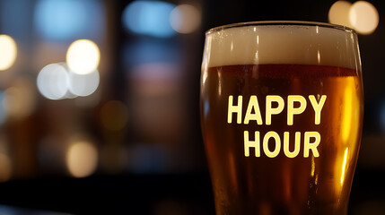 A close-up shot of a glass of refreshing beer with "Happy Hour" in bright letters. Perfect for promoting bars, pubs, and social events in a cozy environment.