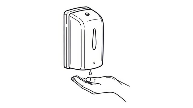 Line art illustration showing automatic hand sanitizer dispenser in a minimalist style